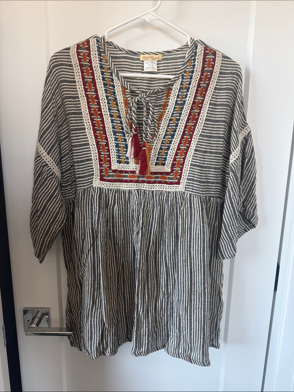 Magnolia Black & Cream Striped Tunic with Embroidered Yoke